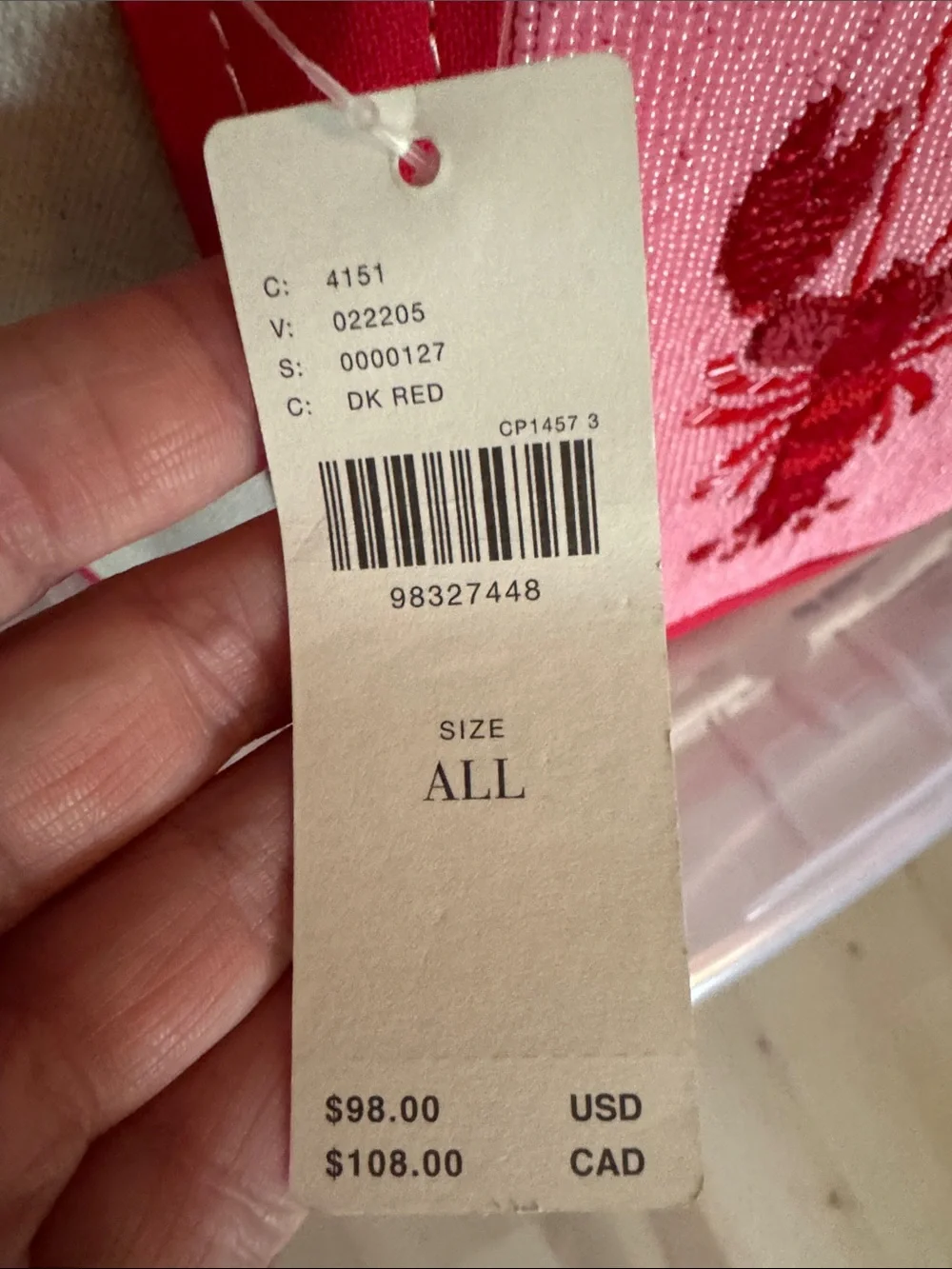 Anthropologie Pink & Red beaded Lobster Canvas Tote Bag